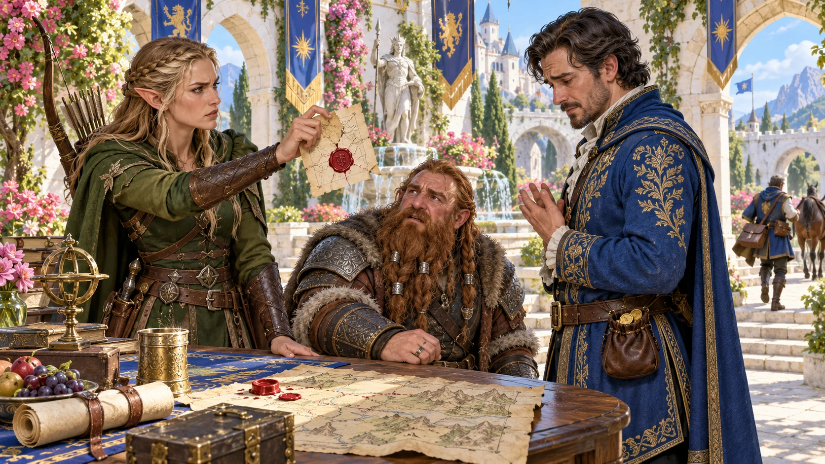 An elf presents a sealed letter across a map table to a trusted companion while a dwarf looks on.