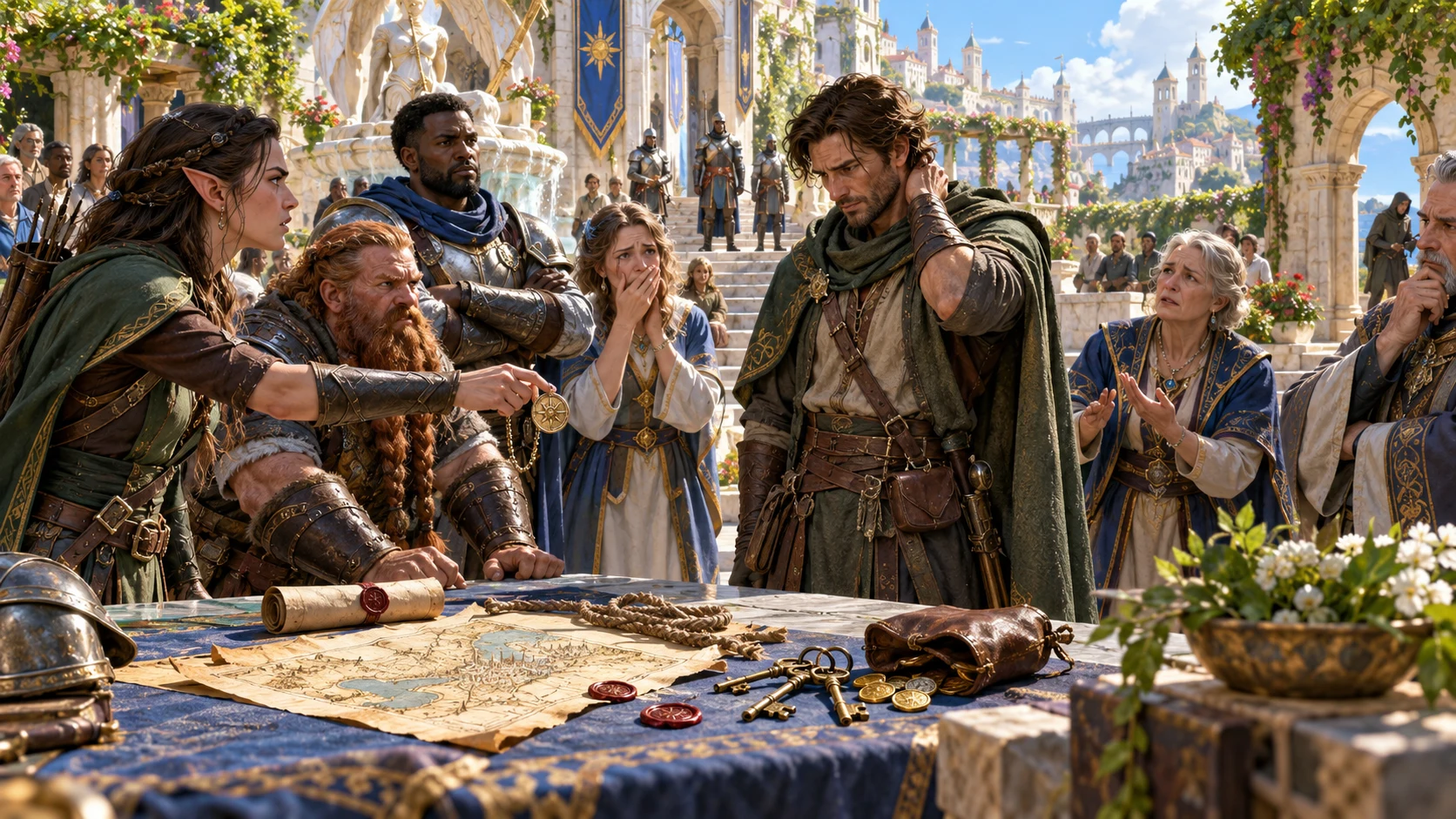 Companions examine letters, keys and coins beside a conflicted figure in a fantasy courtyard.