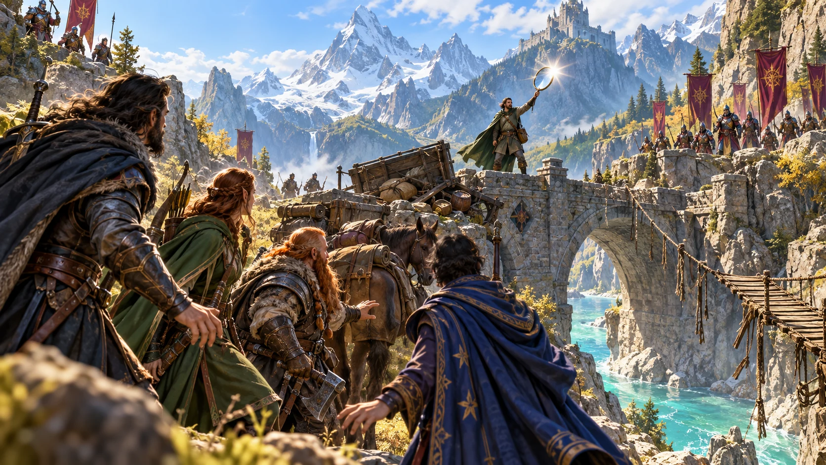 Travellers inspect a sabotaged mountain-pass wagon as a figure signals distant guards.